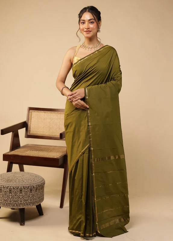 Green Kanjivaram Silk Saree With Blouse Piece One Size