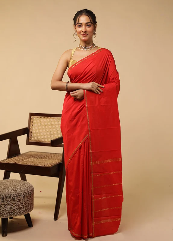 Red Kanjivaram Silk Saree With Blouse Piece One Size