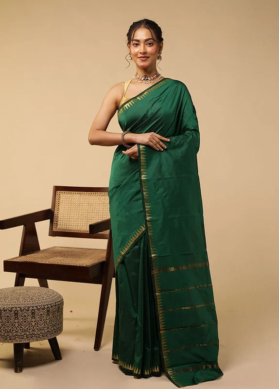 Green Kanjivaram Silk Saree With Blouse Piece One Size