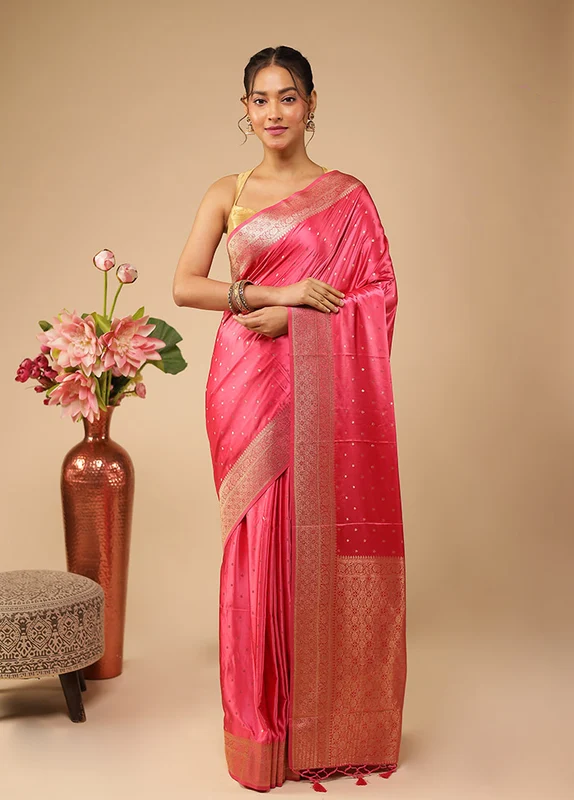 Pink Dupion Silk Saree With Blouse Piece One Size
