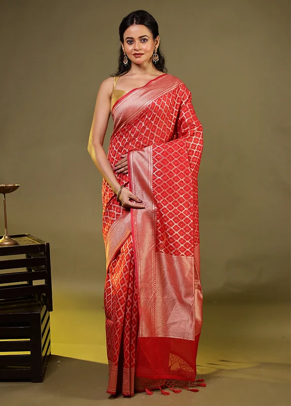 Red Kora Silk Saree With Blouse Piece One Size