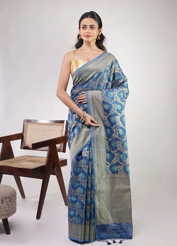 Blue Kora Silk Saree With Blouse Piece One Size