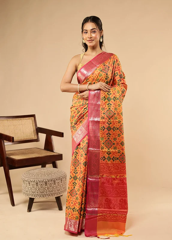 Yellow Dupion Silk Saree With Blouse Piece One Size
