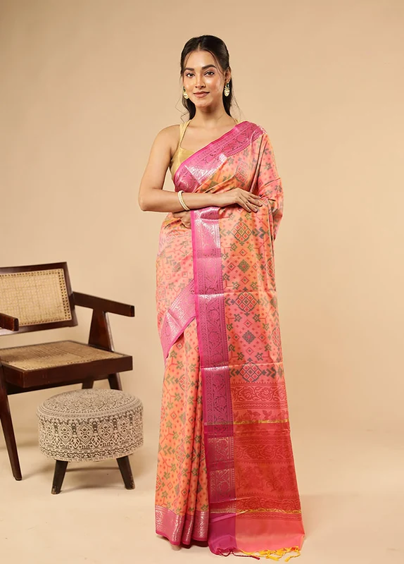 Pink Dupion Silk Saree With Blouse Piece One Size