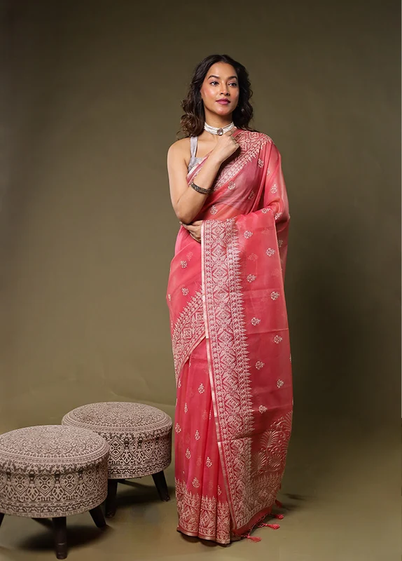 Pink Organza Saree With Blouse Piece One Size