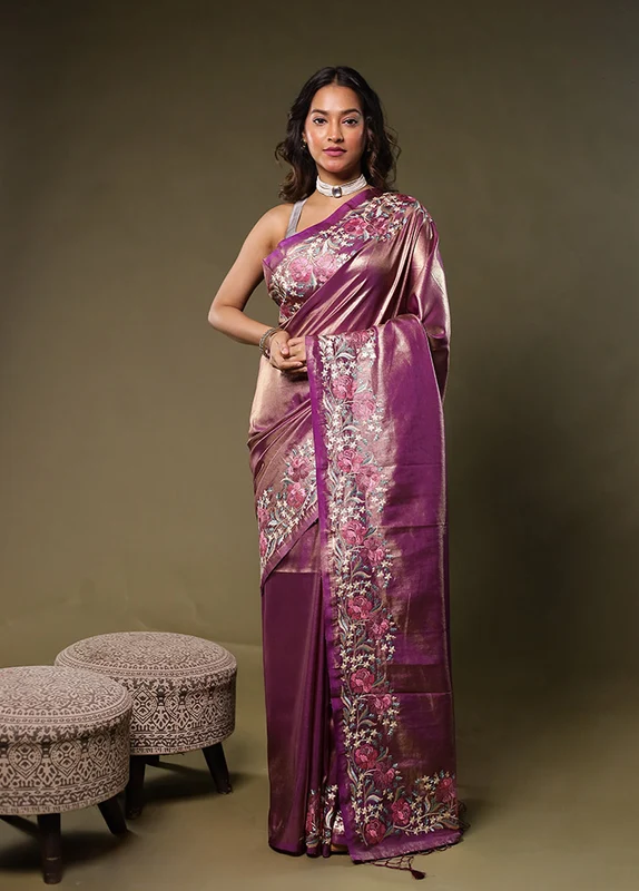 Purple Tissue Silk Saree With Blouse Piece One Size