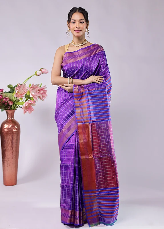 Purple kalakshetra Pure Silk Saree With Blouse Piece One Size