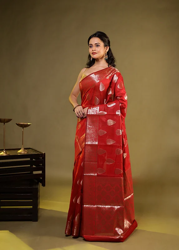 Red Kora Silk Saree With Blouse Piece One Size