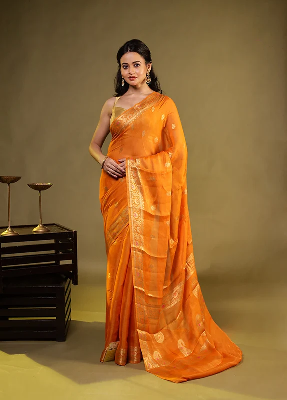 Orange Handloom Pure Georgette Saree With Blouse Piece One Size