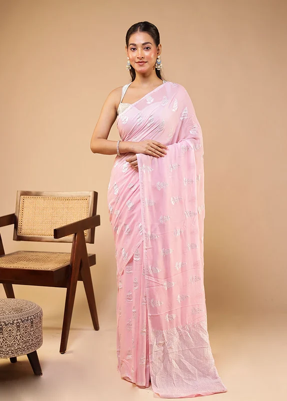 Pink Handloom Pure Georgette Saree With Blouse Piece One Size