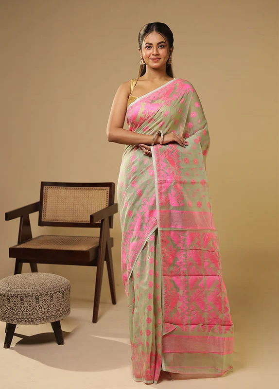 Pink Jamdani Cotton Saree Without Blouse Piece One Size