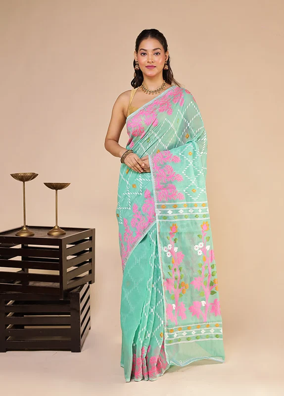 Green Jamdani Cotton Saree With Blouse Piece One Size
