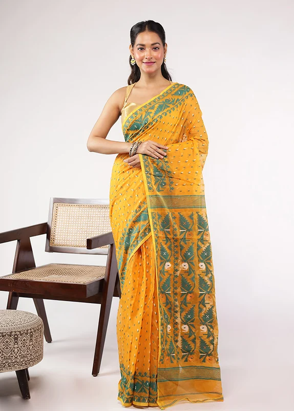 Yellow Jamdani Cotton Saree Without Blouse Piece One Size