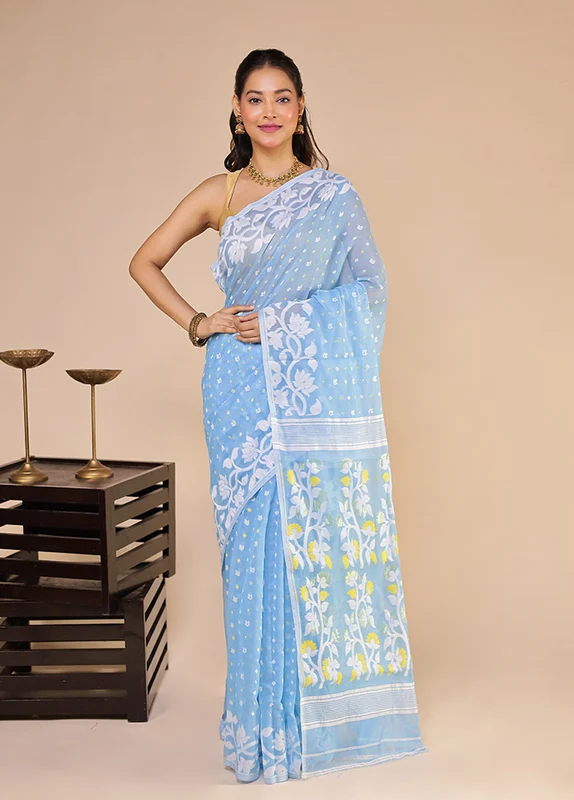 Blue Jamdani Cotton Saree Without Blouse Piece One Size