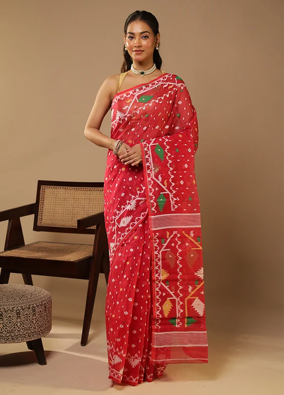 Red Jamdani Cotton Saree Without Blouse Piece One Size