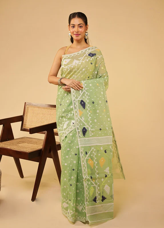 Green Jamdani Cotton Saree Without Blouse Piece One Size