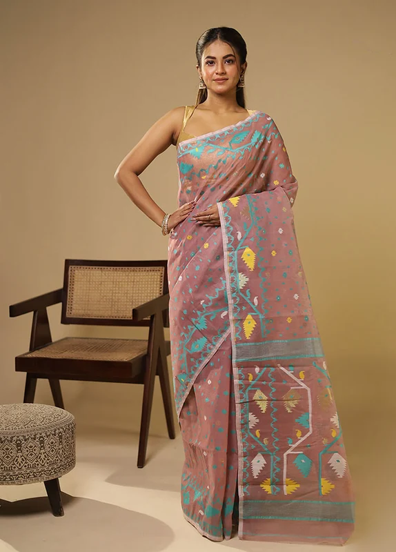 Pink Jamdani Cotton Saree Without Blouse Piece One Size