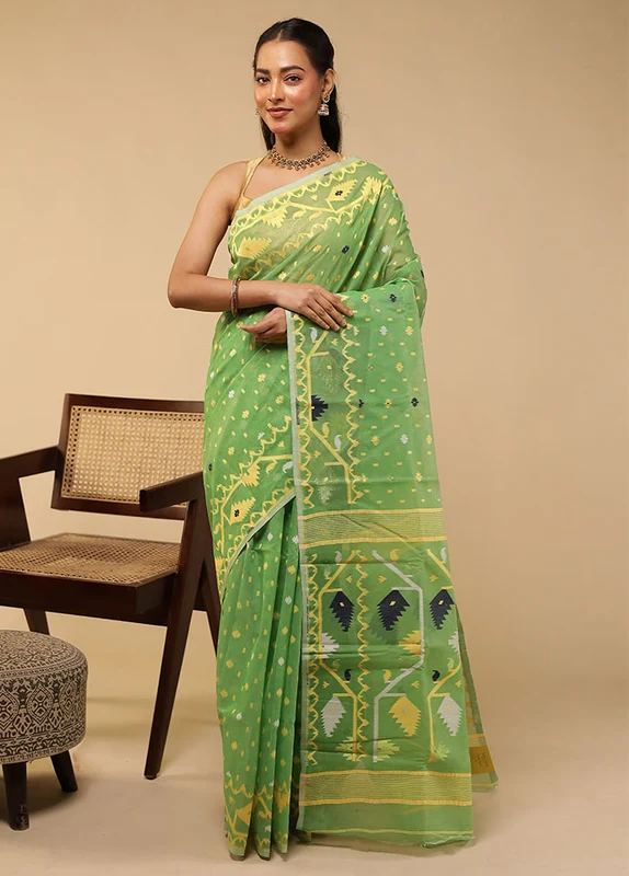 Green Jamdani Cotton Saree Without Blouse Piece One Size