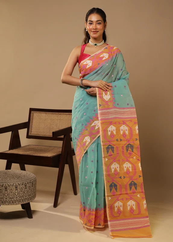 Green Jamdani Cotton Saree Without Blouse Piece One Size