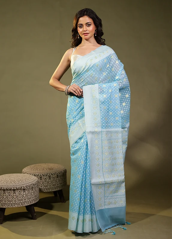 Blue Kora Silk Saree With Blouse Piece One Size