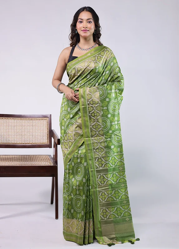 Green Tussar Silk Saree With Blouse Piece One Size
