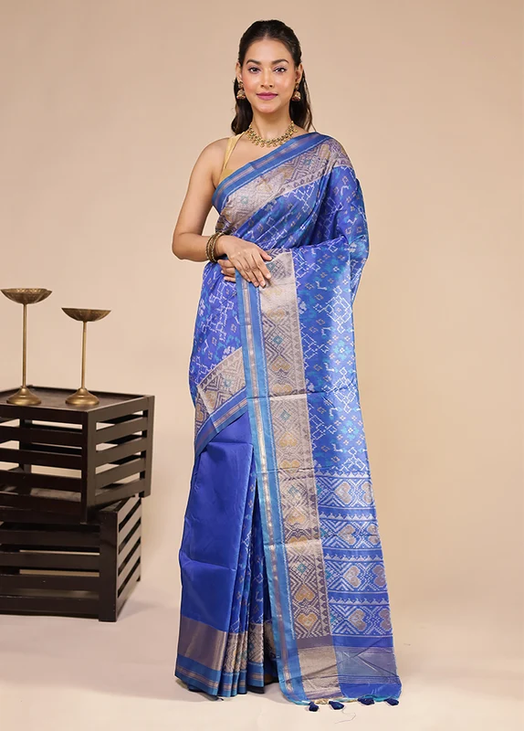 Blue Tussar Silk Saree With Blouse Piece One Size