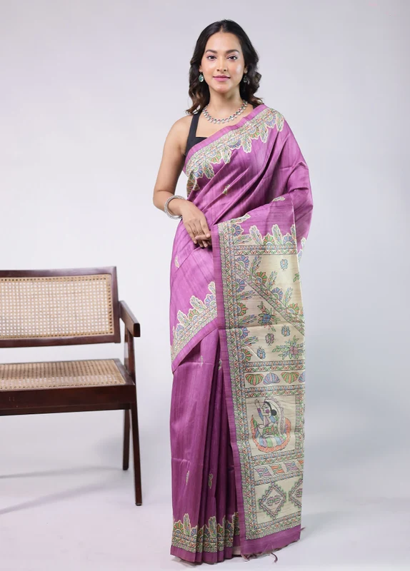 Purple Tussar Silk Saree With Blouse Piece One Size