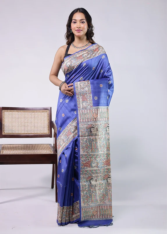 Blue Tussar Silk Saree With Blouse Piece One Size