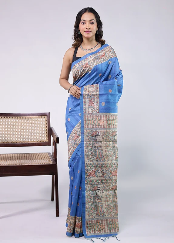 Blue Tussar Silk Saree With Blouse Piece One Size