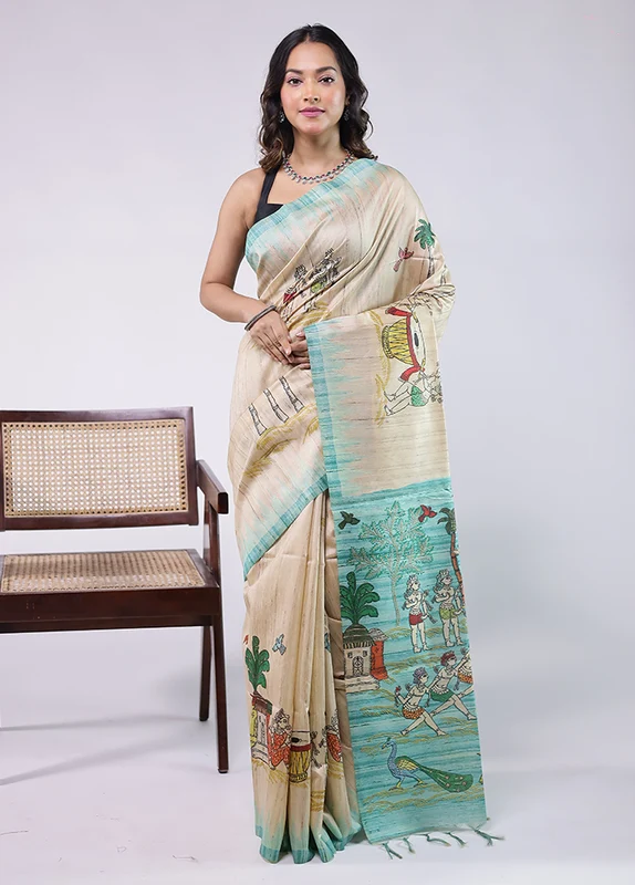 Cream Tussar Silk Saree With Blouse Piece One Size