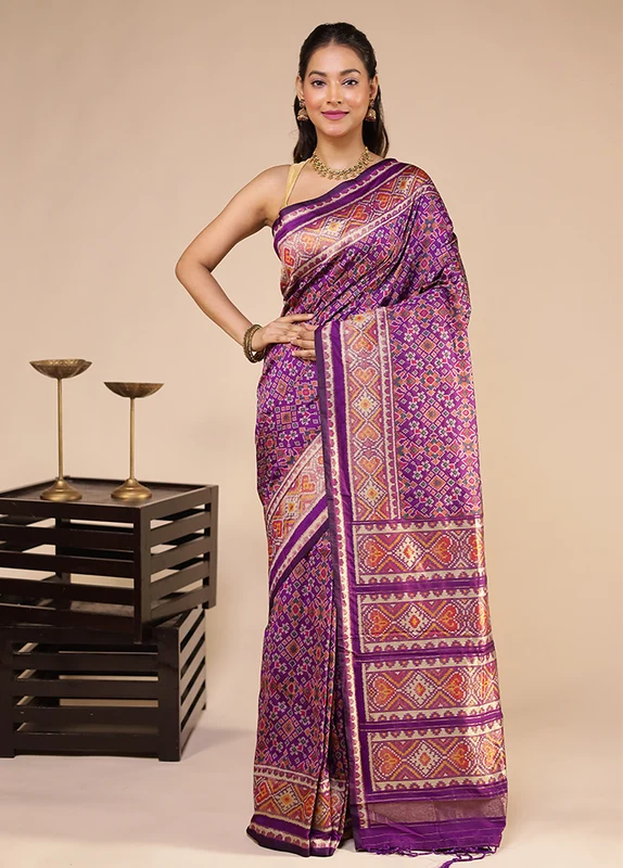 Purple Dupion Silk Saree With Blouse Piece One Size