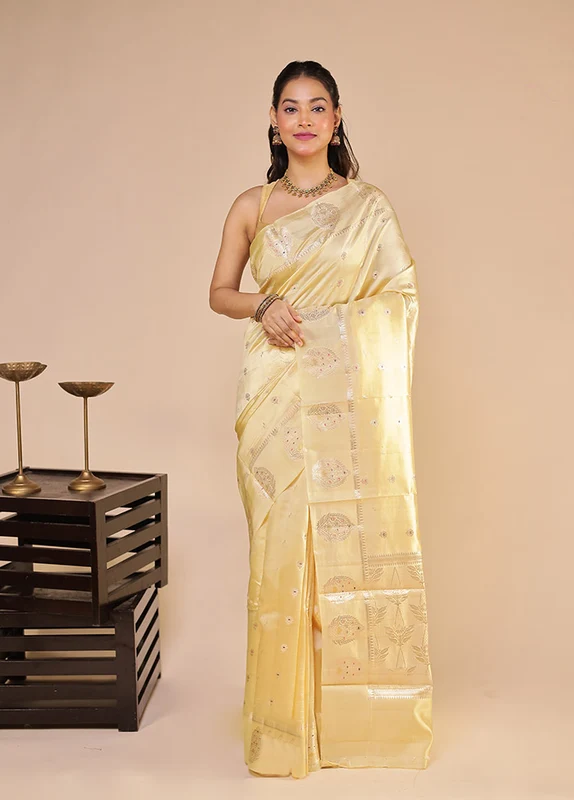 Cream Handloom Dupion Pure Silk Saree With Blouse Piece One Size