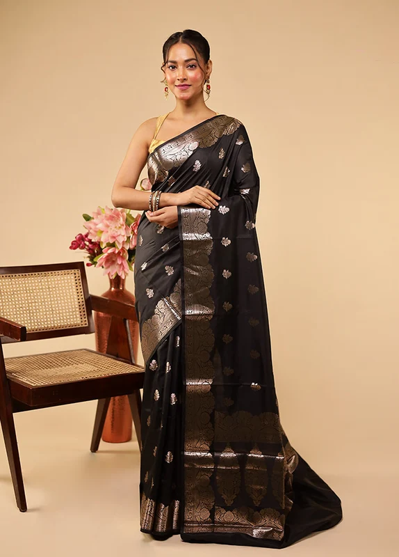 Black Dupion Silk Saree With Blouse Piece One Size