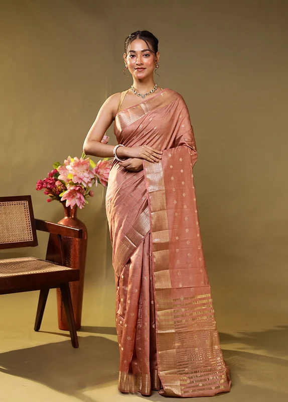 Peach Dupion Silk Saree With Blouse Piece One Size