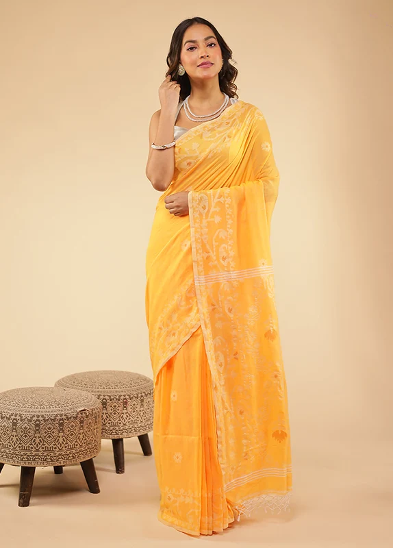 Yellow Khadi Handloom Saree With Blouse Piece One Size