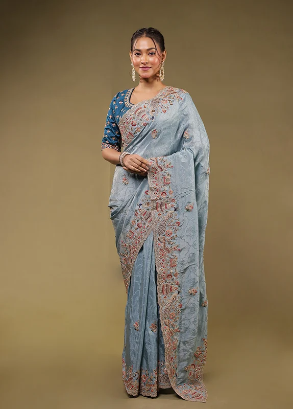 Blue Handloom Pure Georgette Saree Without Blouse Piece One Size