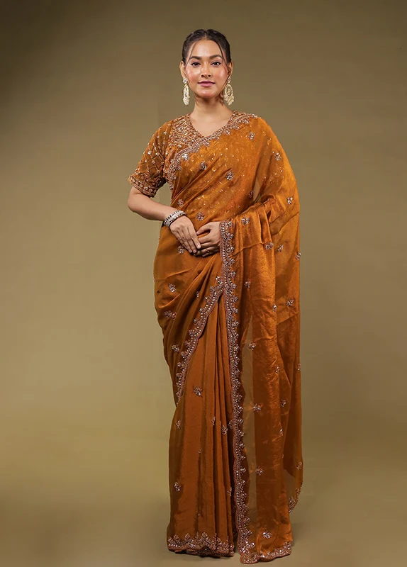 Rust Georgette Saree Without Blouse Piece One Size