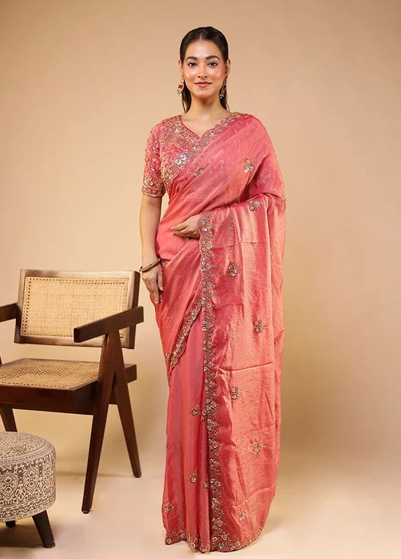 Pink Georgette Saree Without Blouse Piece One Size