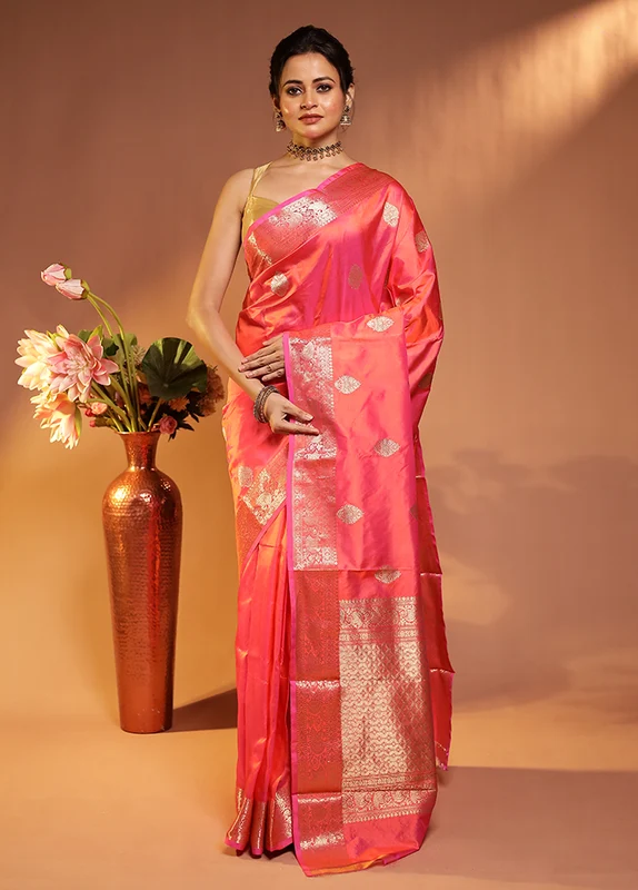 Pink Handloom Katan Pure Silk Saree With Blouse Piece One Size