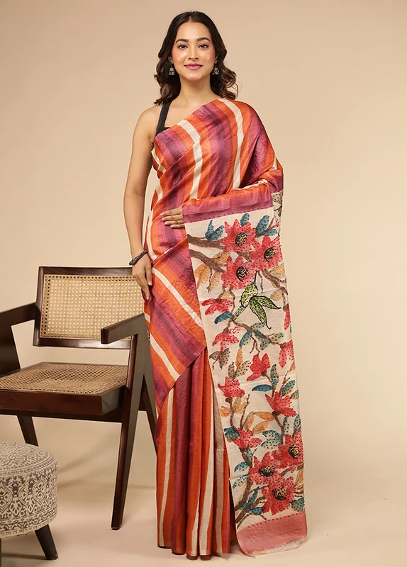 Multicolor Handloom Tussar Pure Silk Saree With Blouse Piece One Size