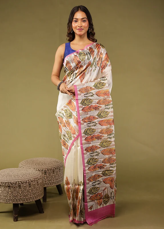 White Printed Pure Silk Saree With Blouse Piece One Size