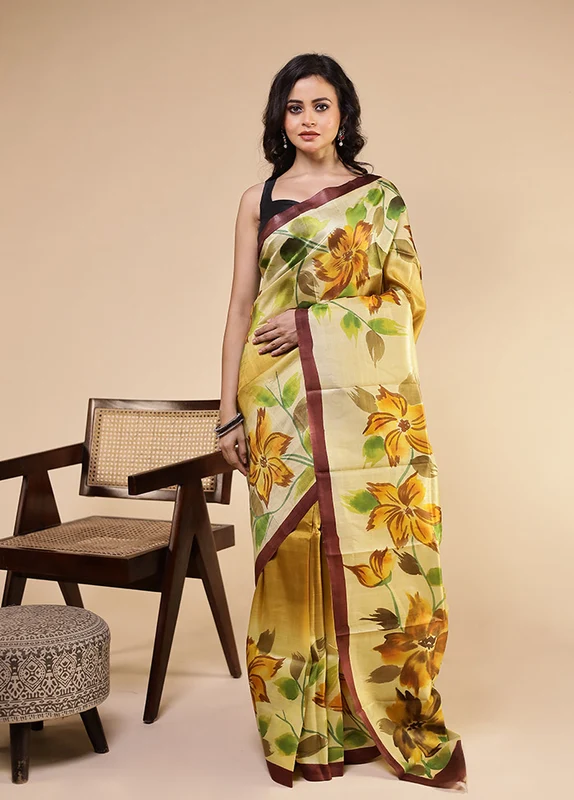 Multicolor Printed Pure Silk Saree With Blouse Piece One Size
