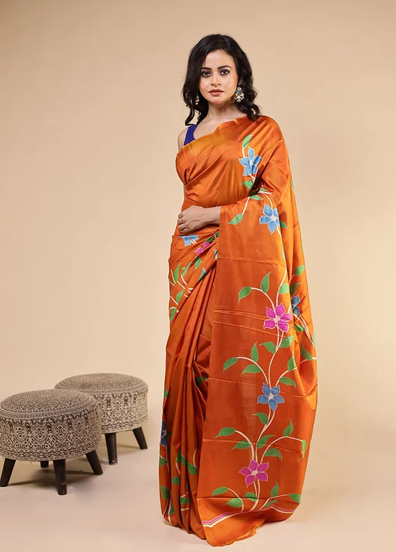 Orange Printed Pure Silk Saree With Blouse Piece One Size