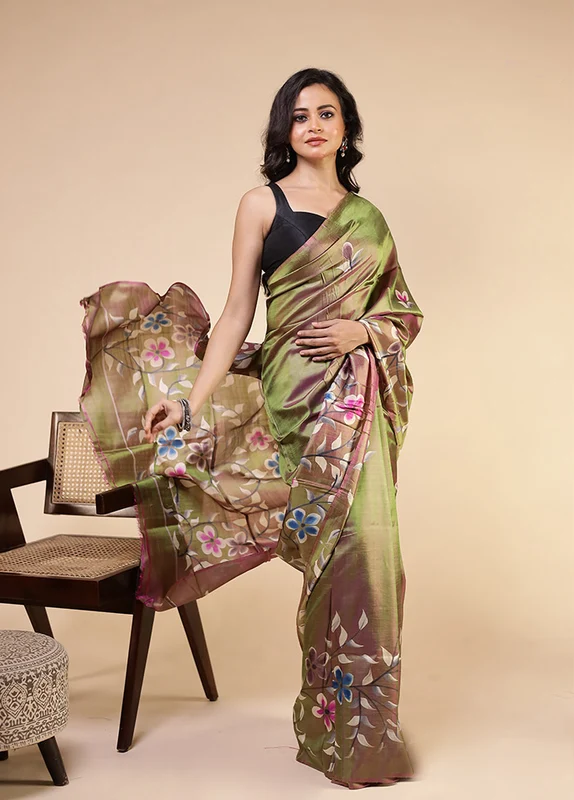 Multicolor Printed Pure Silk Saree Without Blouse Piece One Size