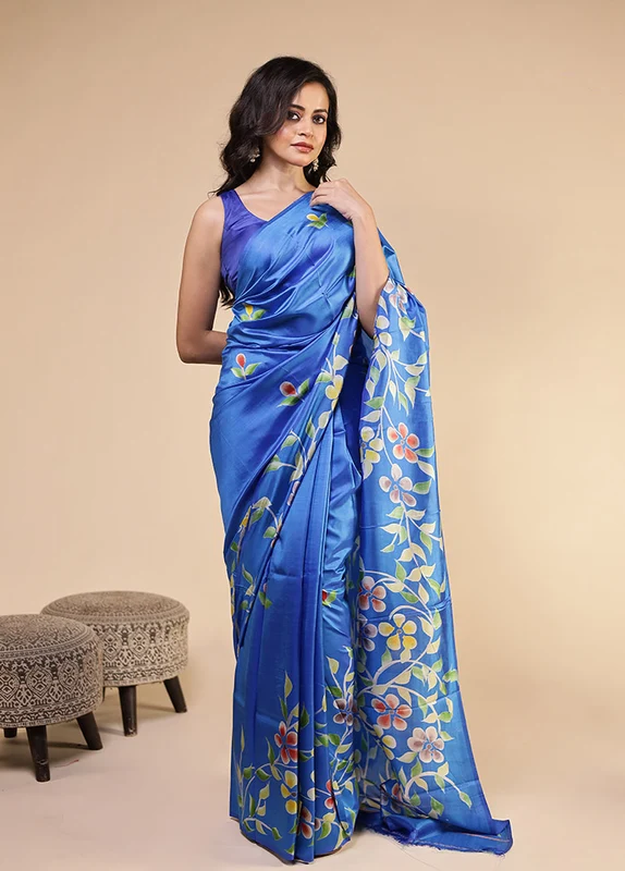Blue Printed Pure Silk Saree With Blouse Piece One Size