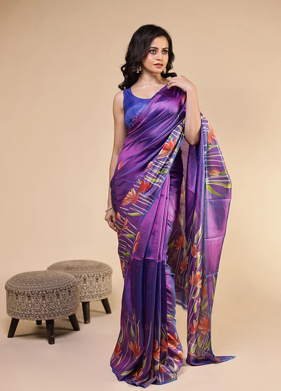 Purple Printed Pure Silk Saree With Blouse Piece One Size