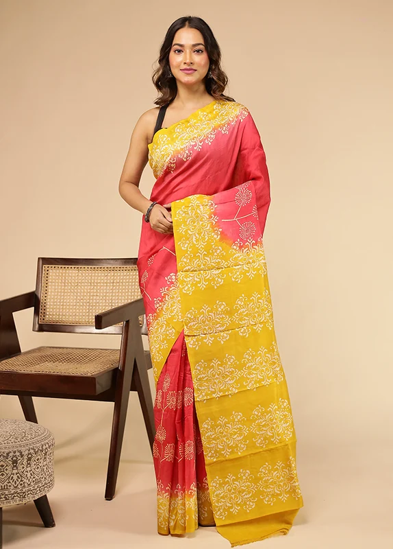 Pink Printed Pure Silk Saree With Blouse Piece One Size