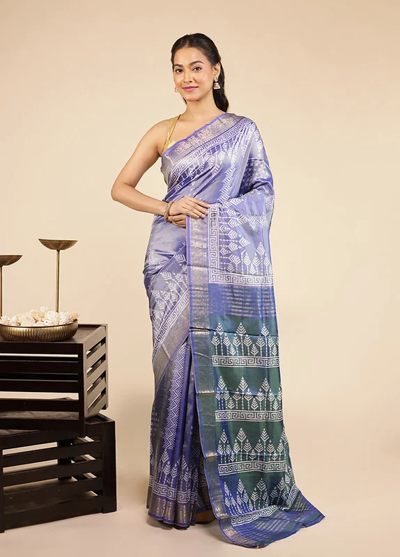 Blue Printed Pure Silk Saree With Blouse Piece One Size