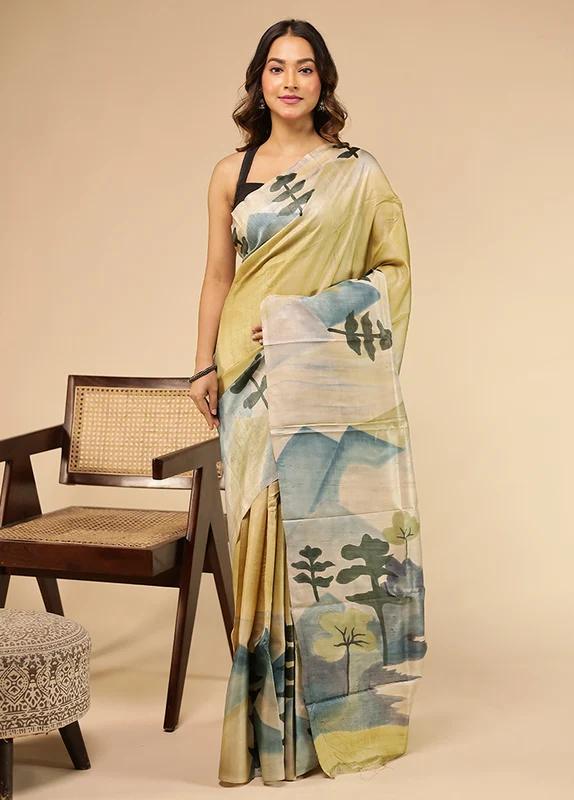 Cream Handloom Tussar Pure Silk Saree With Blouse Piece One Size