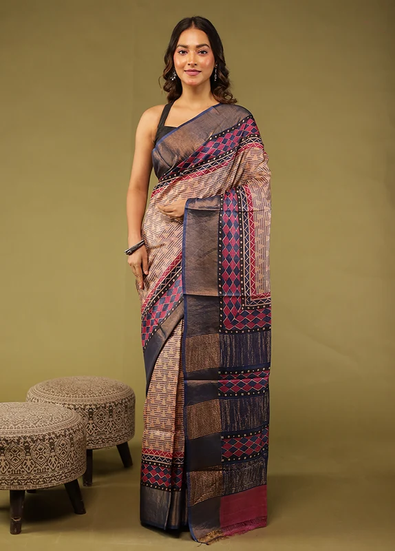 Multicolor Handloom Tussar Pure Silk Saree With Blouse Piece One Size